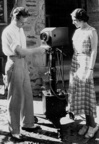 Farnsworth and Bernstein inspect first portable television camera.
