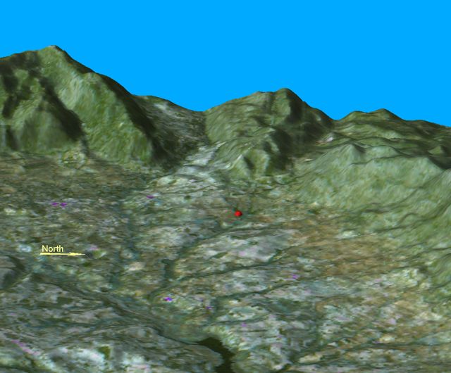 Rio Serpis valley and Alt del Punxó (red dot) - DEM with Landsat drape