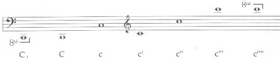 Octave Designation System--middle c is c'; working down by octave each c is notated as c, C, and C1, working up from middle c you read the notes as c'', c''', c''''